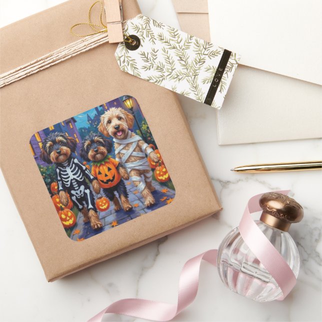 Havanische Hunde Trick-oder-Treating Halloween-Kos Quadratischer Aufkleber (Schenken)