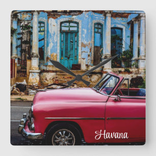 Havanna Kuba Rotes Oldtimer Auto Quadratische Wanduhr