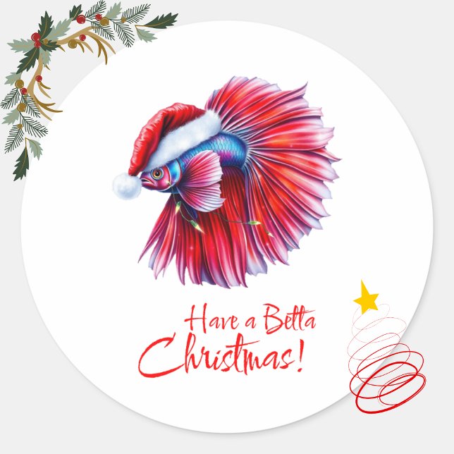 Have a Betta Christmas Funny Santa Fish Lover Pun  Runder Aufkleber (Von Creator hochgeladen)
