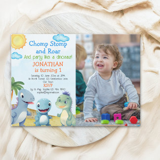 Have fun like a Dinosaur, Birthday boy with photo Einladung