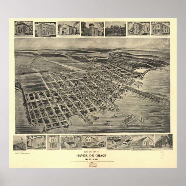 Havre de Grace Maryland 1907 Antique Panoramic Map Poster (Vorne)