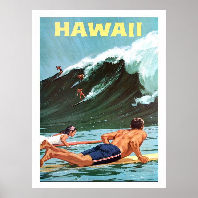 Hawaï, surf, grande vague, affiche de voyage vinta (Devant)
