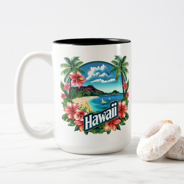 Hawaii Beach Mountains Tropische Blume Zweifarbige Tasse (Mit Donut)