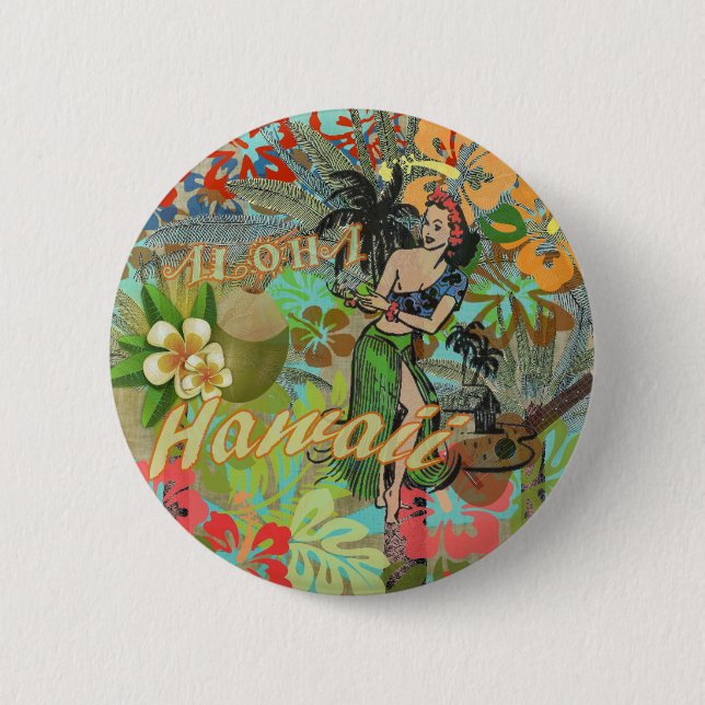 Hawaii Blume Hula Vintage Blumengrafik Button (Vorderseite)
