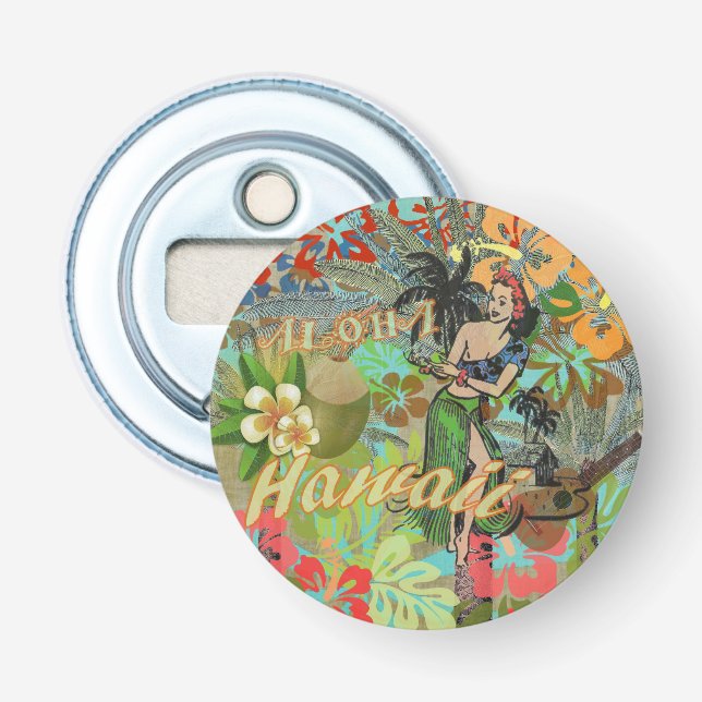 Hawaii Blume Hula Vintage Blumengrafik Flaschenöffner (Vorderseite)