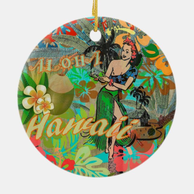 Hawaii Blume Hula Vintage Blumengrafik Keramik Ornament (Hinten)