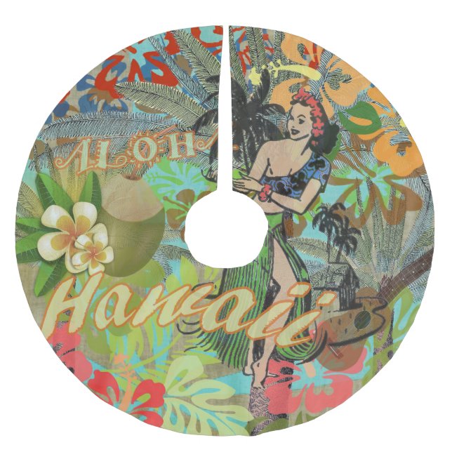Hawaii Blume Hula Vintage Blumengrafik Polyester Weihnachtsbaumdecke (Vorderseite)