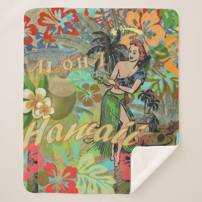 Hawaii Blume Hula Vintage Blumengrafik Sherpadecke (Vorderseite)