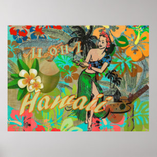 Hawaii-Blumen-Hula-Vintage-Blumen-Grafik Poster
