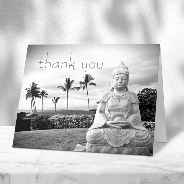 Hawaii Buddha Schwarz-weiß Foto Moderne Typografie Dankeskarte (Von Creator hochgeladen)