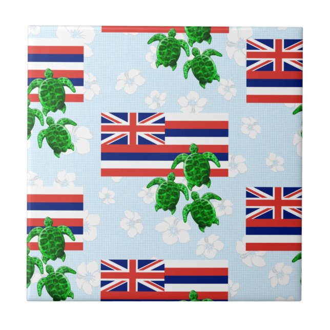 Hawaii-Flagge und grüne Meeresschildkröten Fliese (Vorderseite)