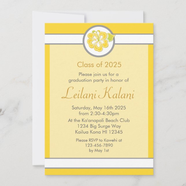 Hawaii-Gelb-Thema Hibiskus Abschluss Einladung (Vorderseite)