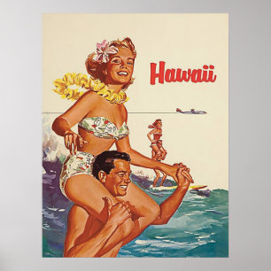 Hawaii, glückliches Surfpaar, Vintage-Reise Poster