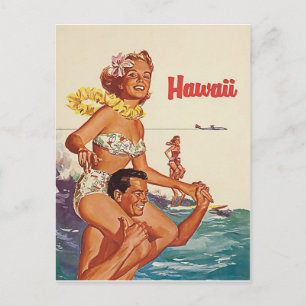 Hawaii, glückliches Surfpaar, Vintage-Reise Postkarte