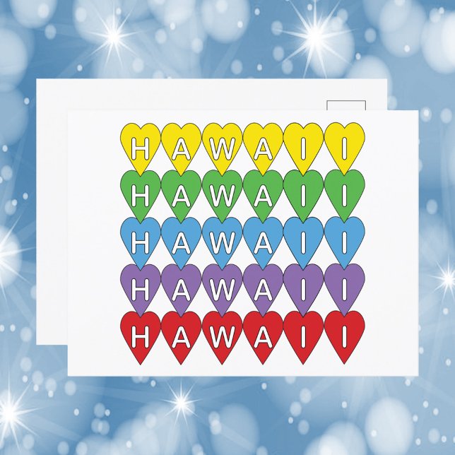 Hawaii Hearts Colorful Postkarte (A postcard that says Hawaii with yellow, green, blue, purple & red hearts)