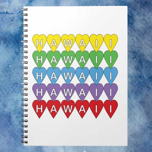 Hawaii Hearts Rainbow Notizblock (A notebook that says Hawaii in yellow, green, blue, purple and red hearts.)