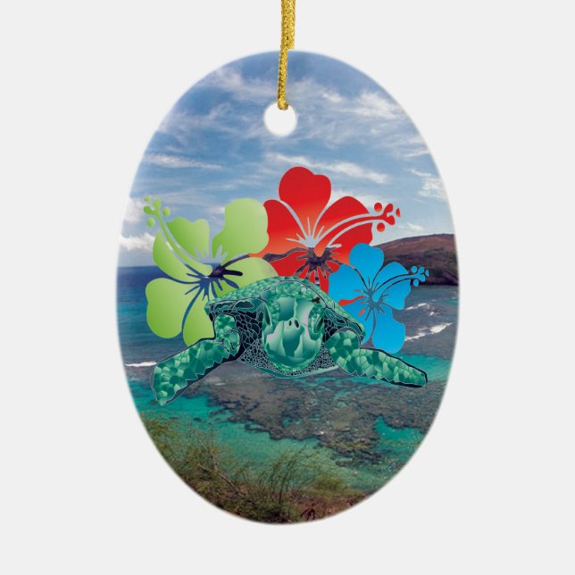 Hawaii Hibiskus Blume und Schildkröte Keramik Ornament (Vorne)