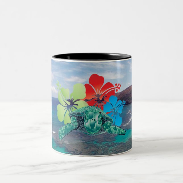 Hawaii Hibiskus Blume und Schildkröte Zweifarbige Tasse (Mittel)