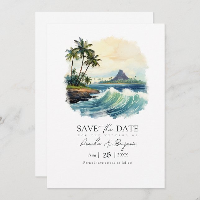 Hawaii-Hochzeit in Urlaubsort QR-Code Save The Date (Vorne/Hinten)