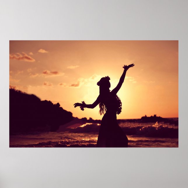 Hawaii, hula Girl Silhouette bei Sonnenuntergang,  Poster (Vorne)