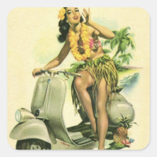 HAWAII HULA MÄDCHEN MIT SCOOTER VINTAGE REISE QUADRATISCHER AUFKLEBER