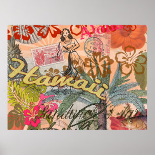Hawaii Hula Travel Blume Vintag Poster