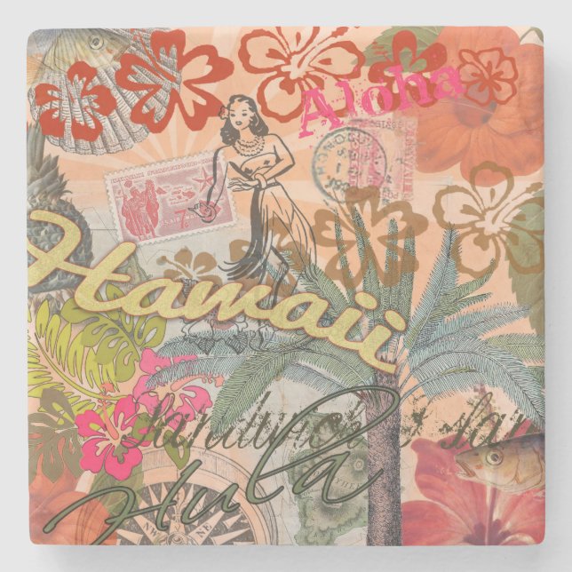 Hawaii Hula Travel Blume Vintag Steinuntersetzer (Vorderseite)