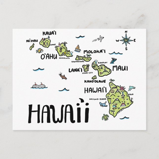Hawaii Illustriert Map Postkarte (Vorderseite)
