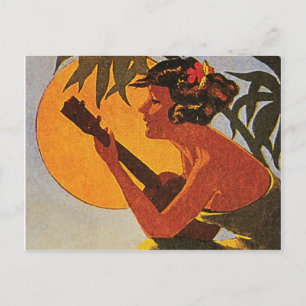 Hawaii-Mädchen, das Ukulele auf romantischem Postkarte