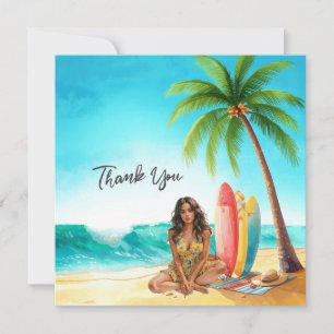 Hawaii-Mädchen mit Surfbrett am Strand Dankeskarte