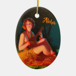 Hawaii-Mädchen mit Ukulele Keramik Ornament