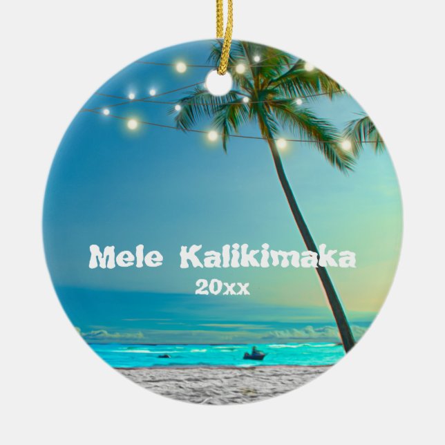 Hawaii Mele Kalikimaka Foto 2 Palms String Lights Keramik Ornament (Vorne)