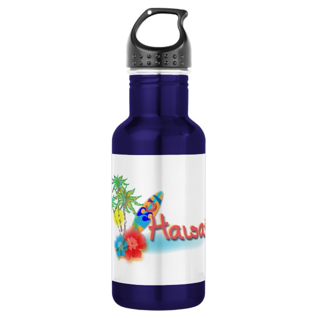 Hawaii mit Palmen, Blume und Surfbrett Edelstahlflasche (Vorderseite)