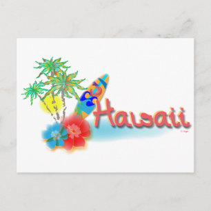 Hawaii mit Palmen, Blume und Surfbrett Postkarte