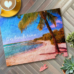 Hawaii Ocean Palm Tree Vintages Foto zur Strandzei<br><div class="desc">"Zur Strandzeit." Entspannen Sie sich in Erinnerungen von faulen, tropischen Tagen am Strand, wenn Sie diesen Hawaii Urlaub funky, Retro, Vintage Aussehen, Not leidendes Foto-Puzzle eines einsamen Palmen auf einem sandigen, halbmondförmigen Strand mit klarem türkisblauen Himmel und Wasser genießen. Ein tolles Geschenk für jemanden, der etwas Besonderes ist! Kommt in...</div>