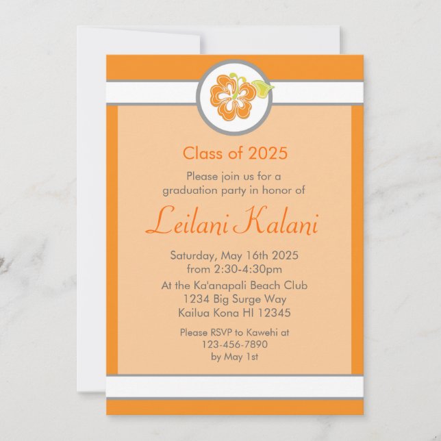 Hawaii orangé thème hibiscus graduation invitation (Devant)