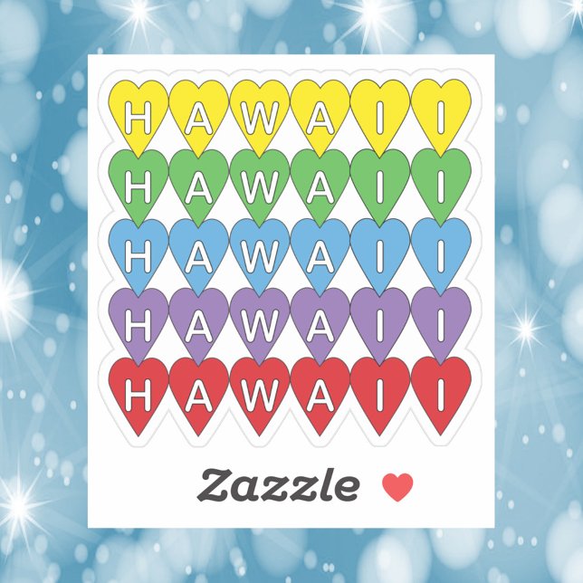 Hawaii Rainbow Hearts Aufkleber (A die cut sticker that says Hawaii in yellow, green, blue, purple, and red hearts.)