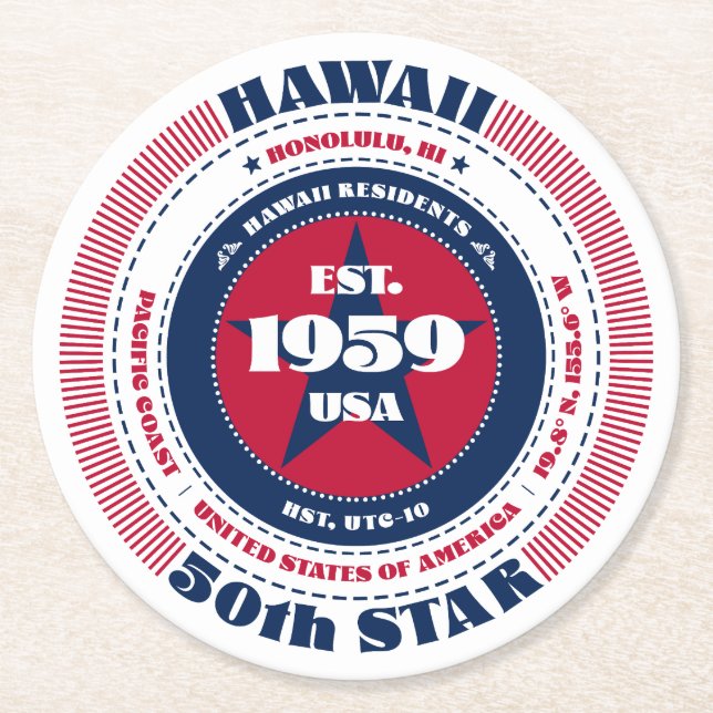 Hawaii Red White Blue Typografie Runder Pappuntersetzer (Vorderseite)