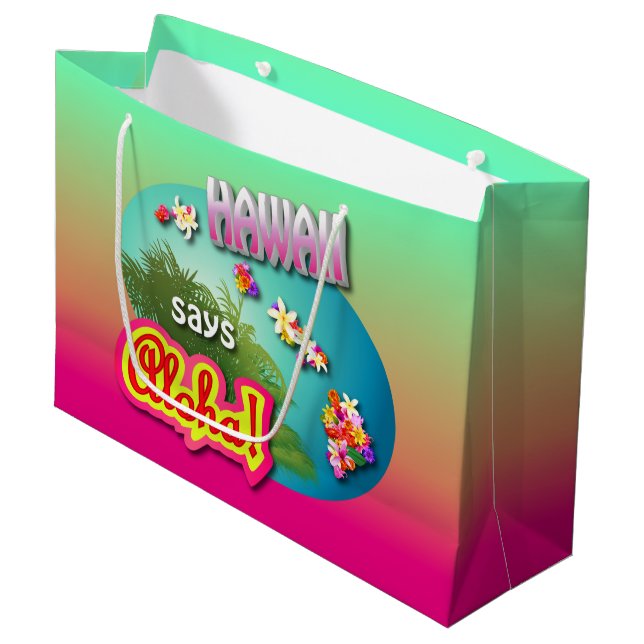 Hawaii sagt Aloha! Große Geschenktüte (Vorderseite Schrägansicht)