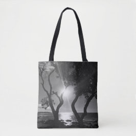 Hawaii Sunlit Trees Shore Black and White Foto Tasche