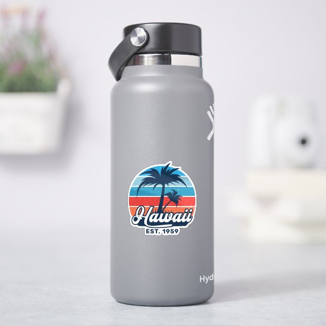 Hawaii Sunset Palm Tree Beach Vintag Retro Aufkleber (HydroFlask)