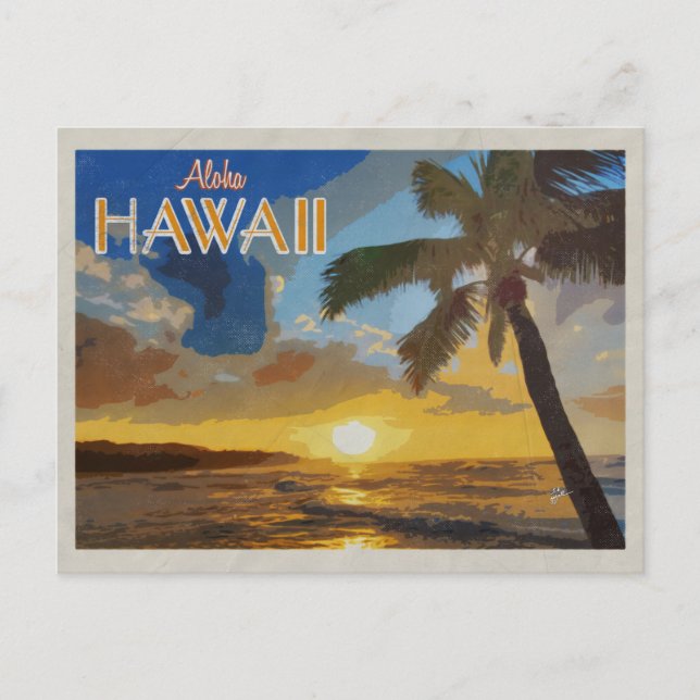 Hawaii Sunset Vintage Travel Poster Palm Trees Postkarte (Vorderseite)