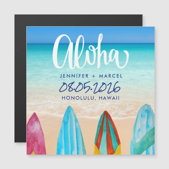 Hawaii Surfboard Aloha Beach Wedding Save the Date Magnetkarte (Vorne/Hinten)