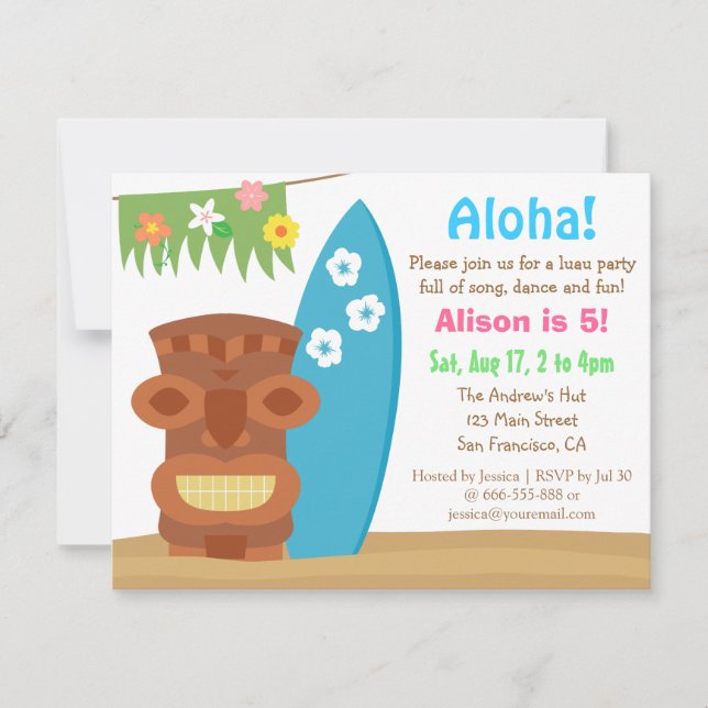Hawaii Tiki Luau Beach Geburtstagsparty Einladung (Vorderseite)