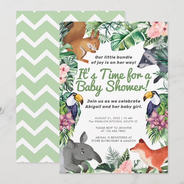 Hawaii Tropical Animals Girl Baby Dusche Einladung (Vorne/Hinten)