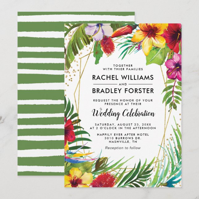 Hawaii Tropical Beach Floral Wedding Einladung (Vorne/Hinten)