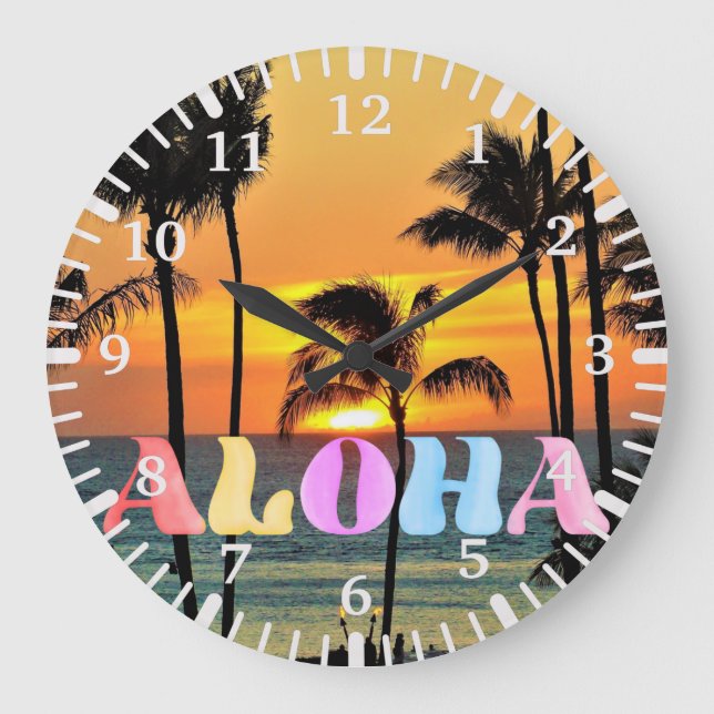 Hawaii Tropical Ocean Palm Tree Sunset Große Wanduhr (Vorderseite)