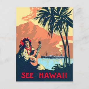 Hawaii tropischer Strand, Frau spielt Gitarre an d Postkarte