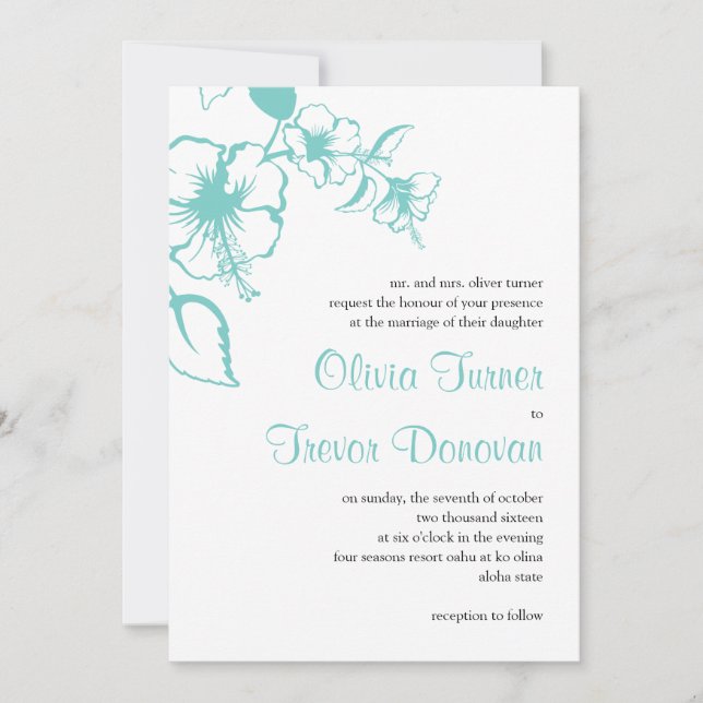 Hawaii Turquoise Hibiskus Hochzeit in Urlaubsort Einladung (Vorderseite)