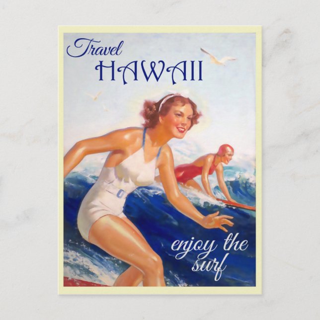 Hawaii Vintage Travel Poster Surfer Postkarte (Vorderseite)